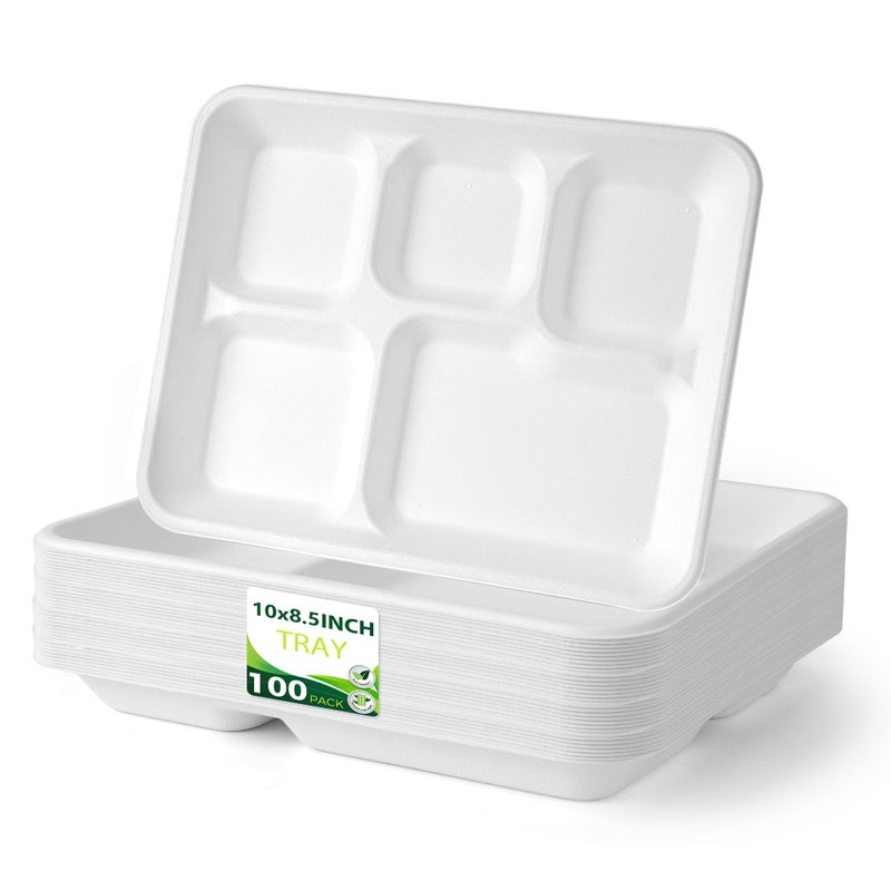 BIRCHIO 100 Pack 5Compartment Plate Disposable Compostable Divided Disposable Dinner Plates Paper Tray for Food for Dinner and Party